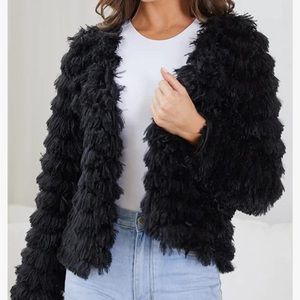 Main Strip Black Faux Fur Open Jacket